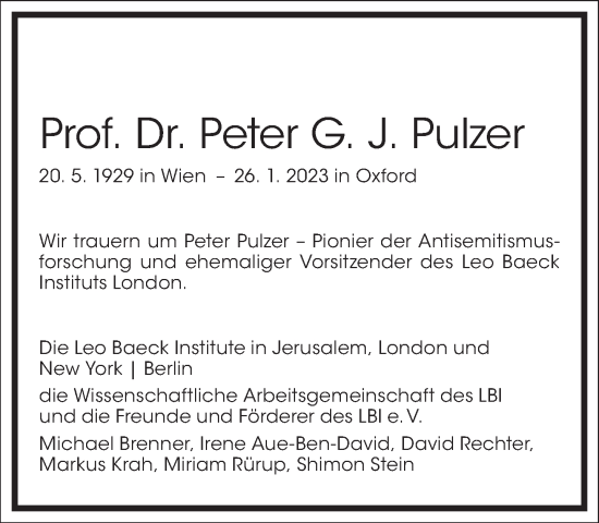 Traueranzeige von Peter G. J. Pulzer von Frankfurter Allgemeine Zeitung