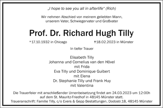 Traueranzeige von Richard Hugh Tilly von Frankfurter Allgemeine Zeitung