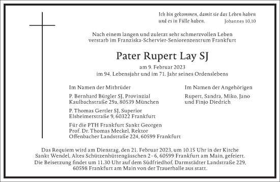 Traueranzeige von Rupert Lay von Frankfurter Allgemeine Zeitung