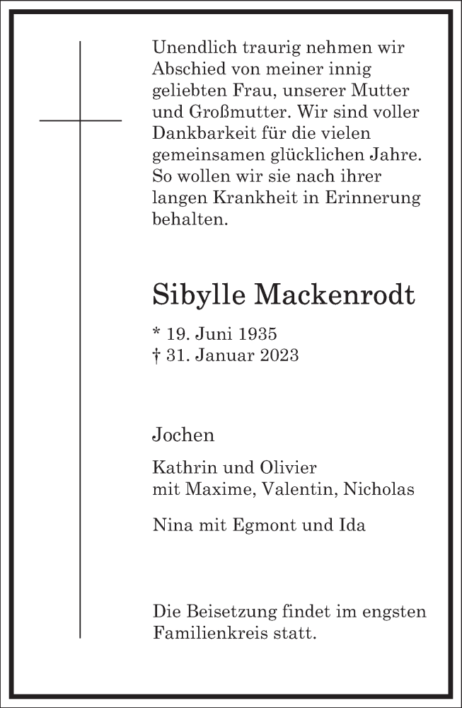  Traueranzeige für Sibylle Mackenrodt vom 04.02.2023 aus Frankfurter Allgemeine Zeitung