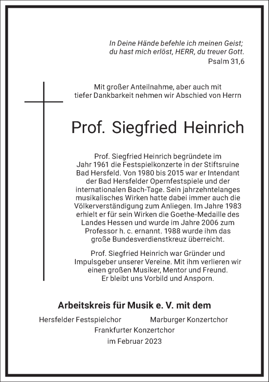 Traueranzeige von Siegfried Heinrich von Frankfurter Allgemeine Zeitung