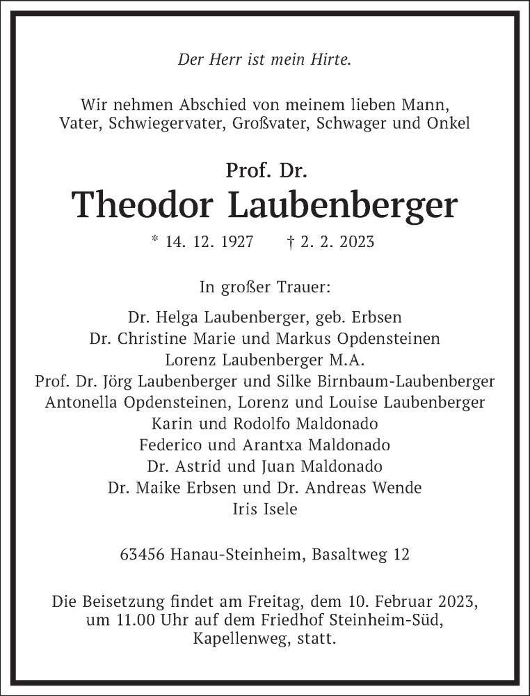  Traueranzeige für Theodor Laubenberger vom 08.02.2023 aus Frankfurter Allgemeine Zeitung