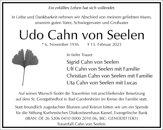 Traueranzeige von Udo Cahn von Seelen von Frankfurter Allgemeine Zeitung