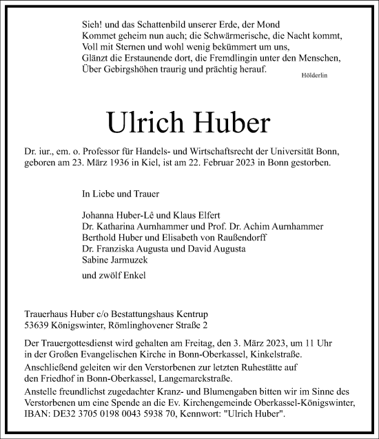 Traueranzeige von Ulrich Huber von Frankfurter Allgemeine Zeitung