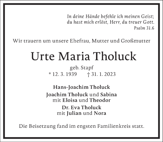 Traueranzeige von Urte Maria Tholuck von Frankfurter Allgemeine Zeitung