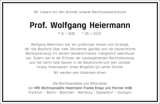 Traueranzeige von Wolfgang Heiermann von Frankfurter Allgemeine Zeitung