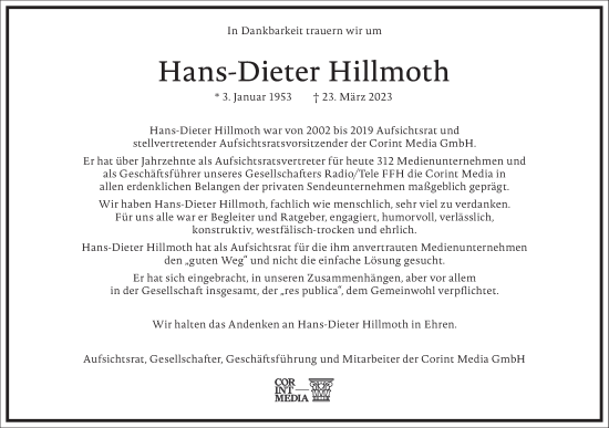 Traueranzeige von Hans-Dieter Hillmoth von Frankfurter Allgemeine Zeitung