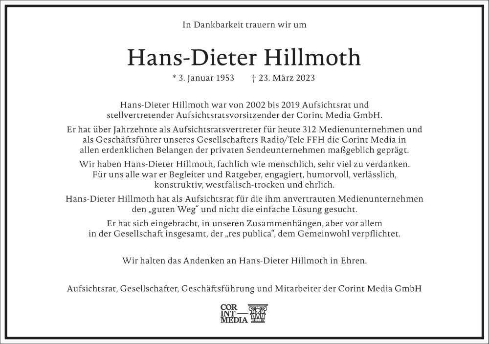  Traueranzeige für Hans-Dieter Hillmoth vom 29.03.2023 aus Frankfurter Allgemeine Zeitung