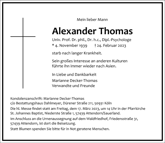 Traueranzeige von Alexander Thomas von Frankfurter Allgemeine Zeitung