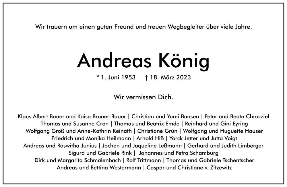  Traueranzeige für Andreas König vom 24.03.2023 aus Frankfurter Allgemeine Zeitung