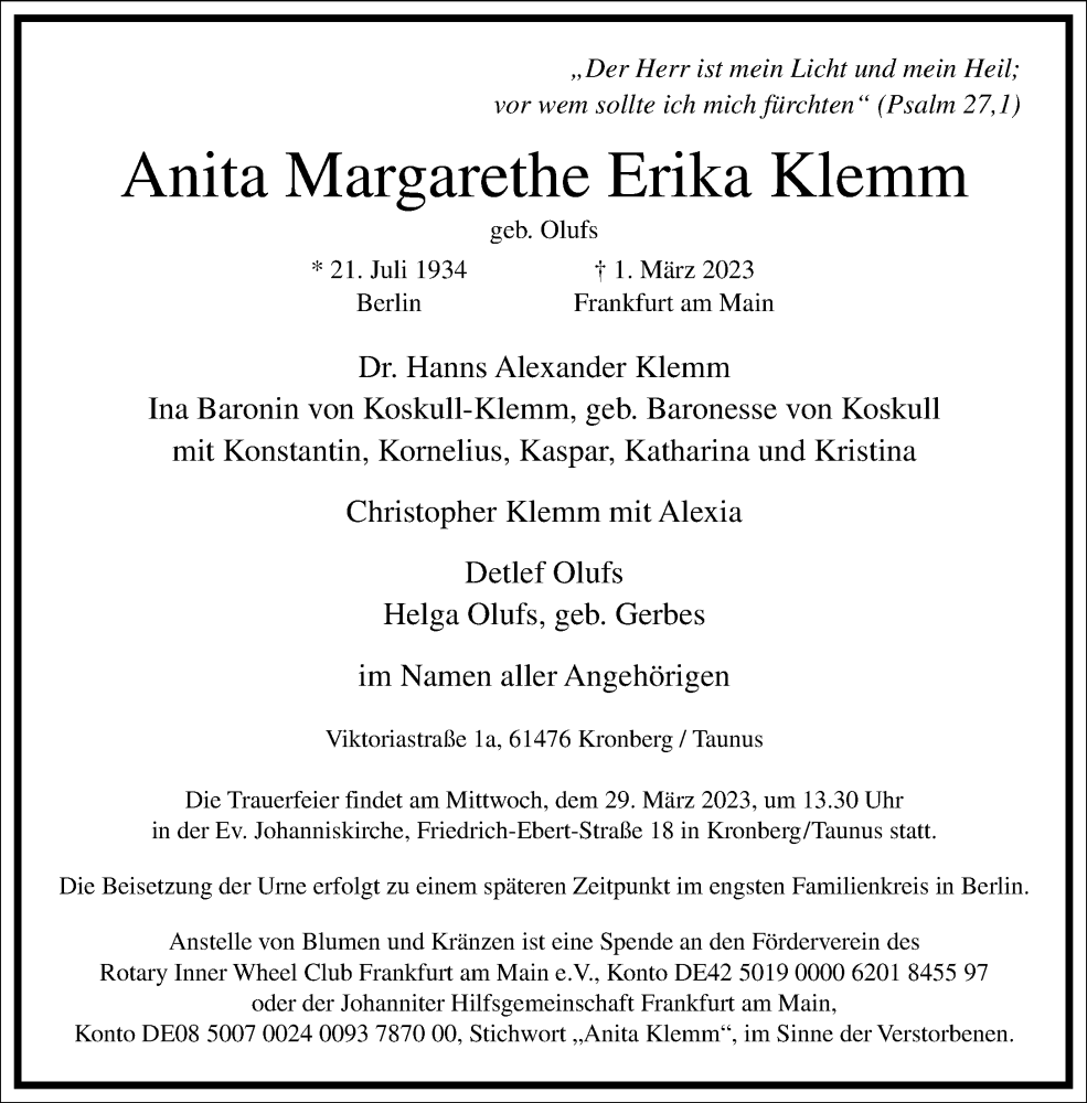  Traueranzeige für Anita Margarethe Erika Klemm vom 18.03.2023 aus Frankfurter Allgemeine Zeitung