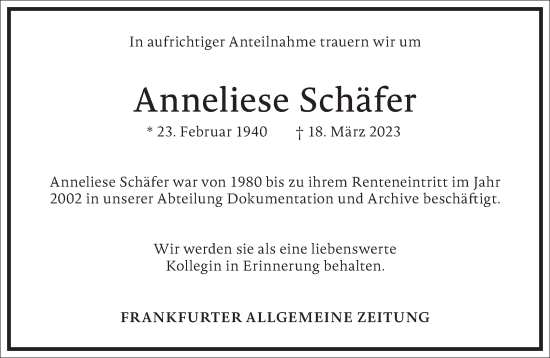 Traueranzeige von Anneliese Schäfer von Frankfurter Allgemeine Zeitung