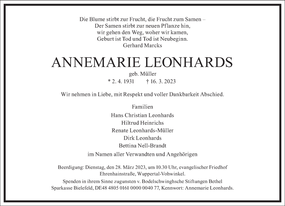  Traueranzeige für Annemarie Leonhards vom 25.03.2023 aus Frankfurter Allgemeine Zeitung