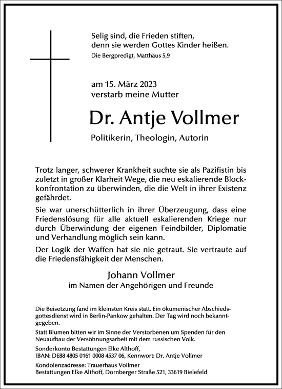 Traueranzeige von Antje Vollmer von Frankfurter Allgemeine Zeitung