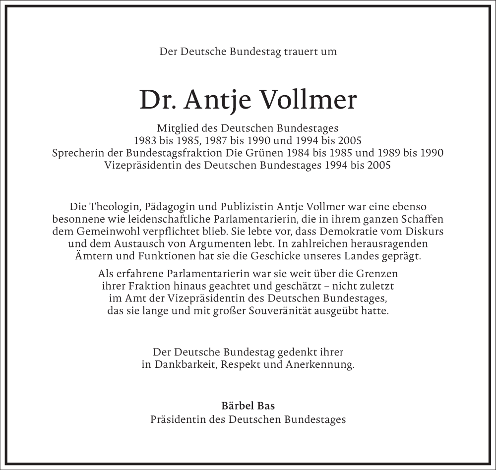  Traueranzeige für Antje Vollmer vom 18.03.2023 aus Frankfurter Allgemeine Zeitung