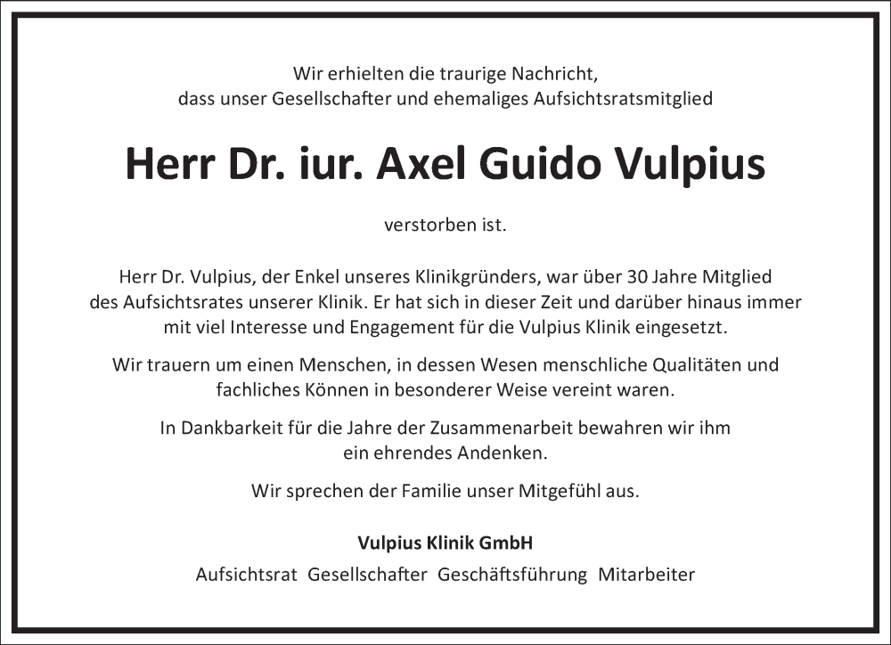  Traueranzeige für Axel Guido Vulpius vom 21.03.2023 aus Frankfurter Allgemeine Zeitung