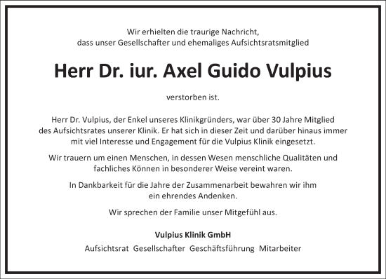 Traueranzeige von Axel Guido Vulpius von Frankfurter Allgemeine Zeitung