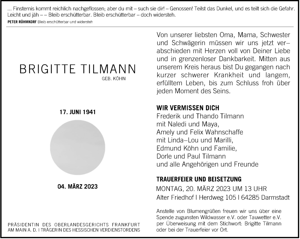  Traueranzeige für Brigitte Tilmann vom 11.03.2023 aus Frankfurter Allgemeine Zeitung