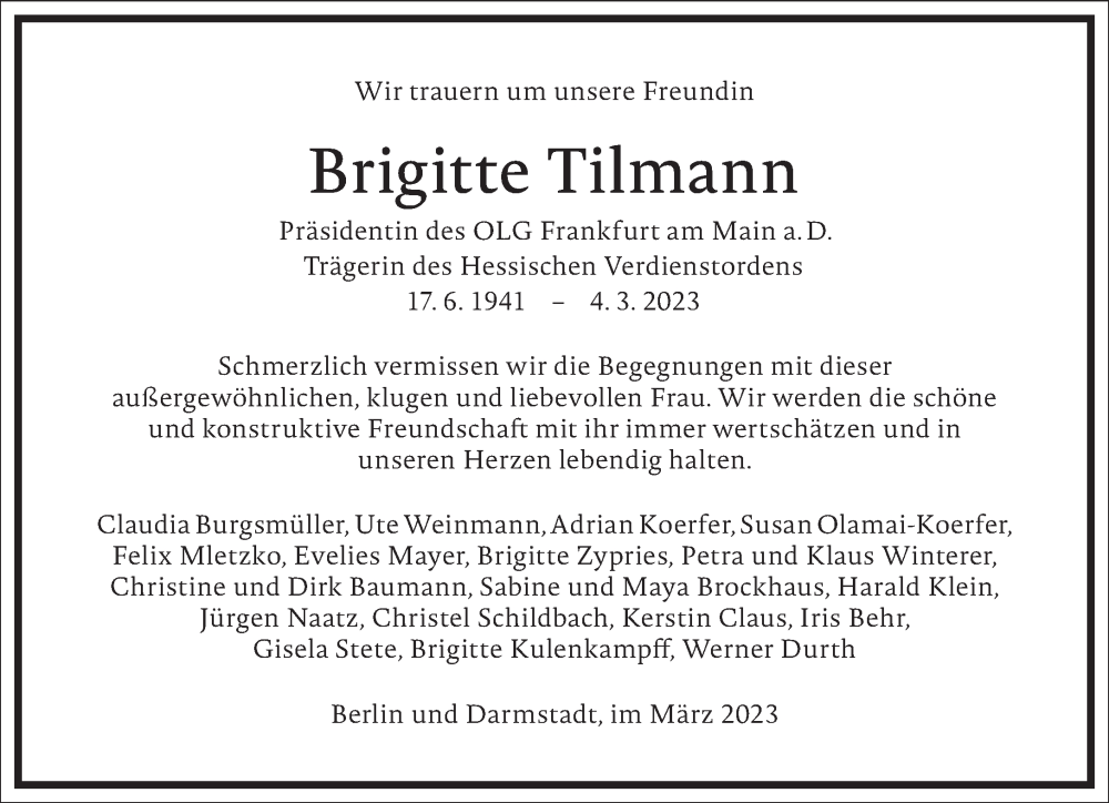  Traueranzeige für Brigitte Tilmann vom 11.03.2023 aus Frankfurter Allgemeine Zeitung
