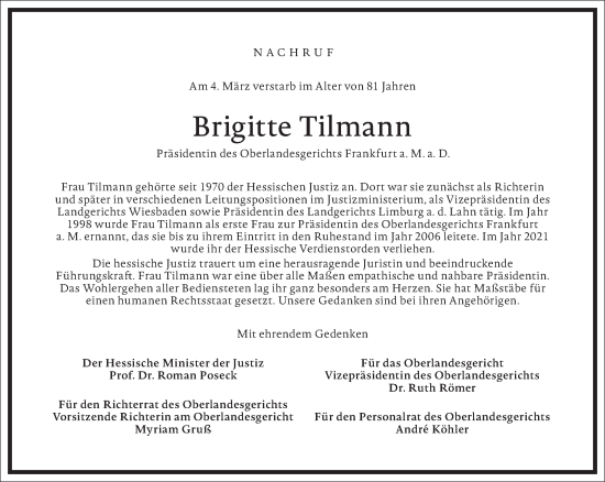 Traueranzeige von Brigitte Tilmann von Frankfurter Allgemeine Zeitung