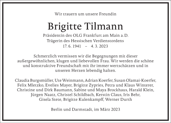 Traueranzeige von Brigitte Tilmann von Frankfurter Allgemeine Zeitung