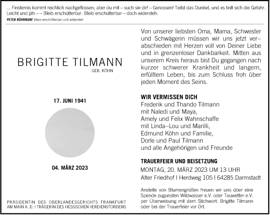 Traueranzeige von Brigitte Tilmann von Frankfurter Allgemeine Zeitung