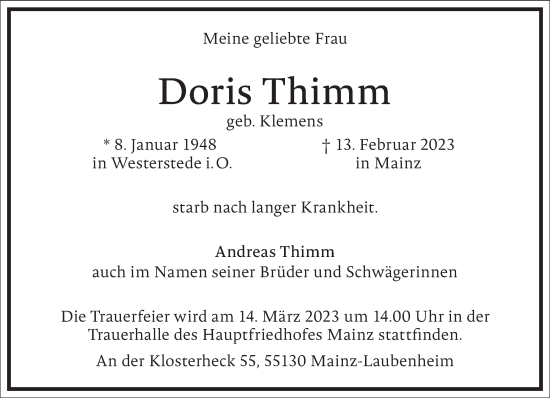 Traueranzeige von Doris Thimm von Frankfurter Allgemeine Zeitung