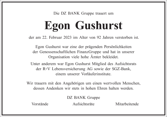 Traueranzeige von Egon Gushurst von Frankfurter Allgemeine Zeitung