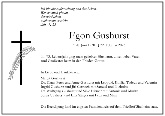 Traueranzeige von Egon Gushurst von Frankfurter Allgemeine Zeitung