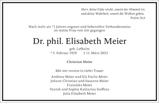 Traueranzeige von Elisabeth Meier von Frankfurter Allgemeine Zeitung