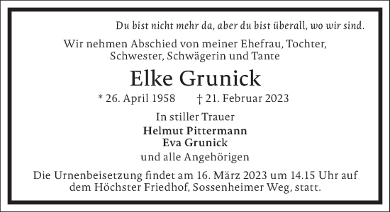 Traueranzeige von Elke Grunick von Frankfurter Allgemeine Zeitung