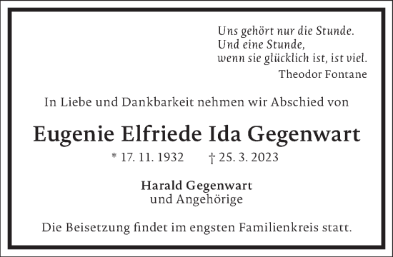 Traueranzeige von Eugenie Elfriede Ida Gegenwart von Frankfurter Allgemeine Zeitung