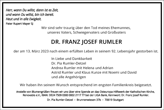 Traueranzeige von Franz Josef Rumler von Frankfurter Allgemeine Zeitung