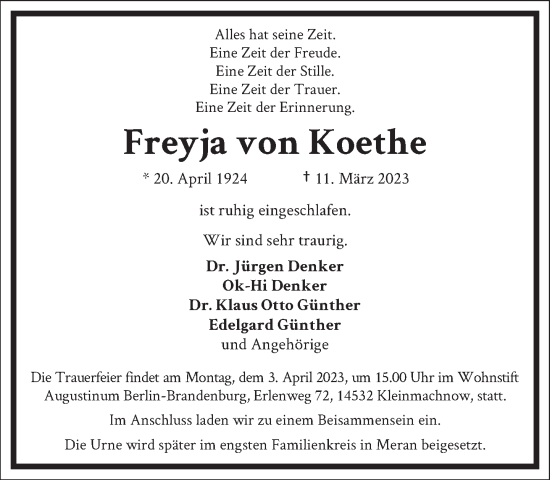 Traueranzeige von Freyja von Koethe von Frankfurter Allgemeine Zeitung