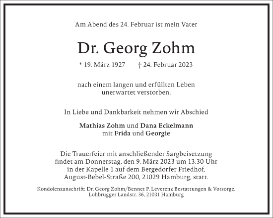 Traueranzeige von Georg Zohm von Frankfurter Allgemeine Zeitung