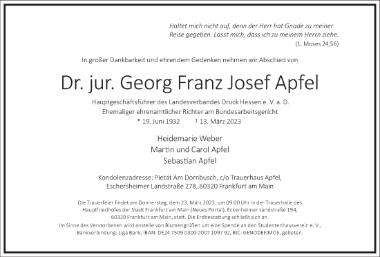 Traueranzeige von Georg Franz Josef Apfel von Frankfurter Allgemeine Zeitung