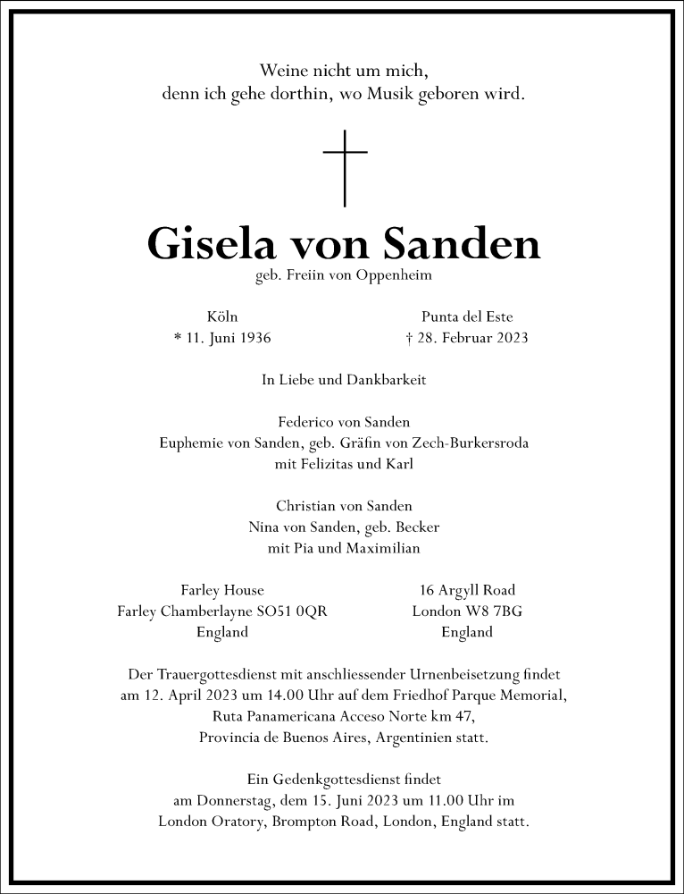  Traueranzeige für Gisela von Sanden vom 23.03.2023 aus Frankfurter Allgemeine Zeitung