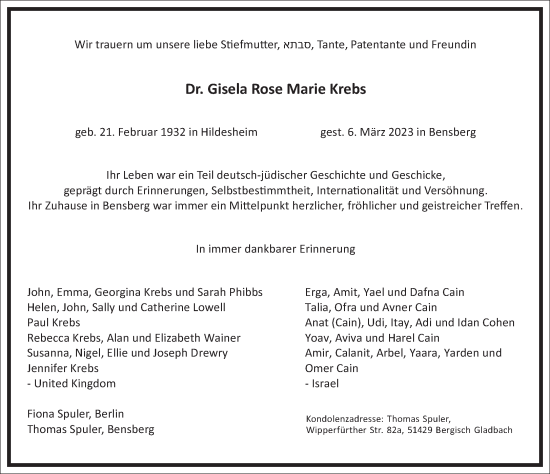 Traueranzeige von Gisela Rose Marie Krebs von Frankfurter Allgemeine Zeitung