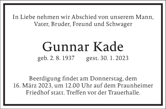 Traueranzeige von Gunnar Kade von Frankfurter Allgemeine Zeitung