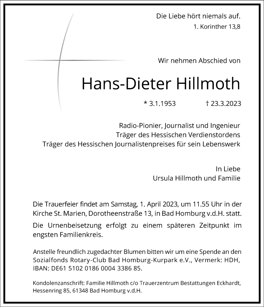  Traueranzeige für Hans-Dieter Hillmoth vom 29.03.2023 aus Frankfurter Allgemeine Zeitung