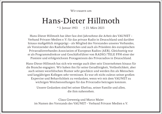 Traueranzeige von Hans-Dieter Hillmoth von Frankfurter Allgemeine Zeitung