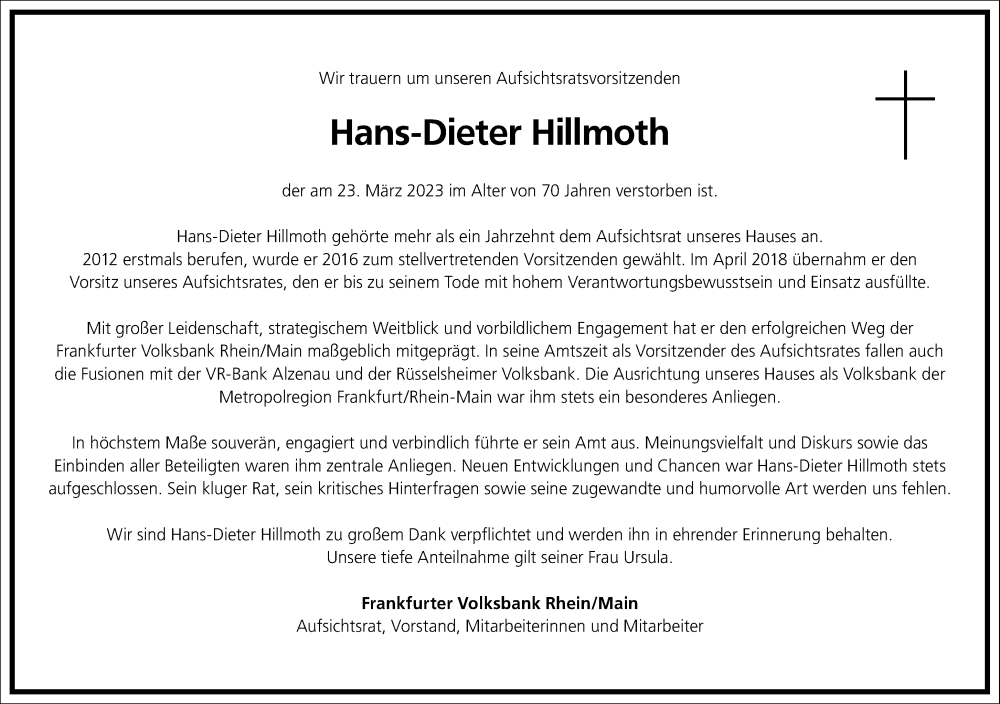  Traueranzeige für Hans-Dieter Hillmoth vom 29.03.2023 aus Frankfurter Allgemeine Zeitung