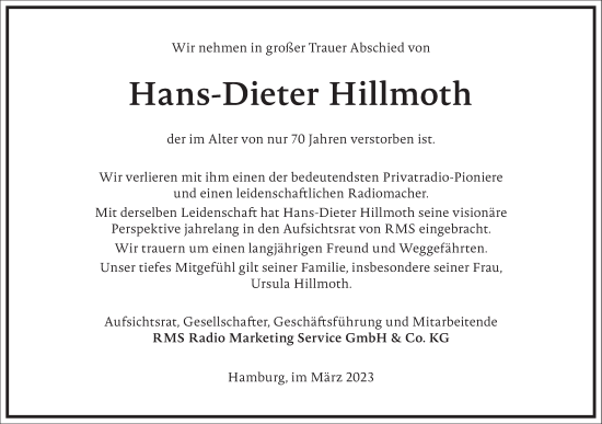 Traueranzeige von Hans-Dieter Hillmoth von Frankfurter Allgemeine Zeitung