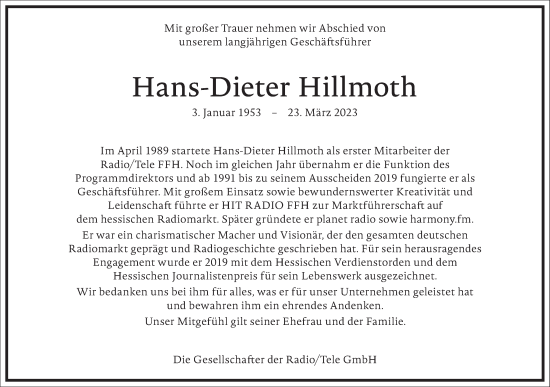 Traueranzeige von Hans-Dieter Hillmoth von Frankfurter Allgemeine Zeitung