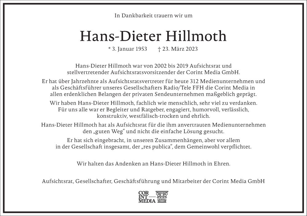  Traueranzeige für Hans-Dieter Hillmoth vom 29.03.2023 aus Frankfurter Allgemeine Zeitung