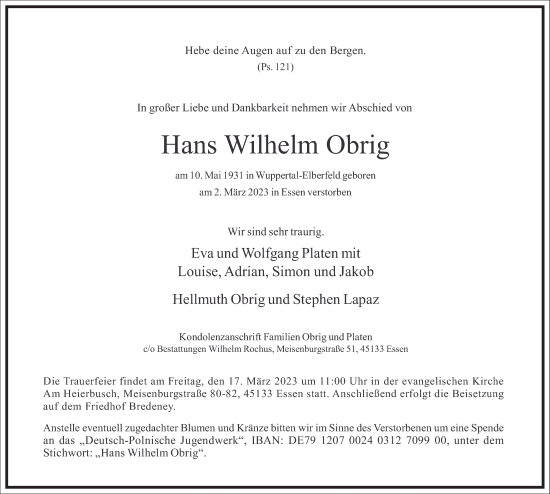 Traueranzeige von Hans Wilhelm Obrig von Frankfurter Allgemeine Zeitung