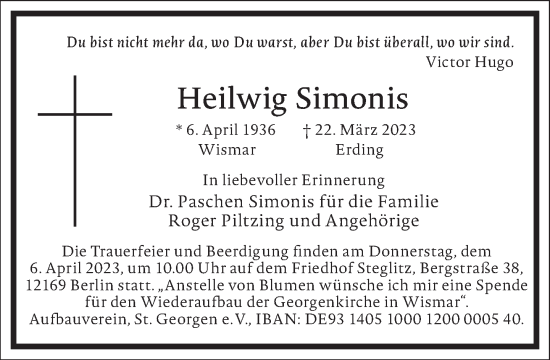 Traueranzeige von Heilwig Simonis von Frankfurter Allgemeine Zeitung