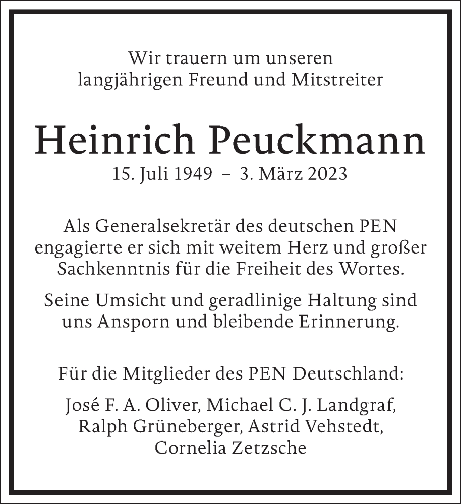  Traueranzeige für Heinrich Peuckmann vom 11.03.2023 aus Frankfurter Allgemeine Zeitung