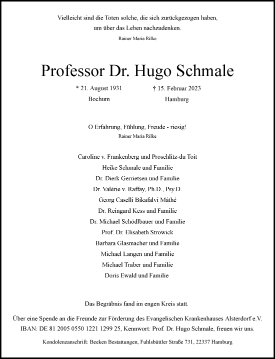 Traueranzeige von Hugo Schmale von Frankfurter Allgemeine Zeitung