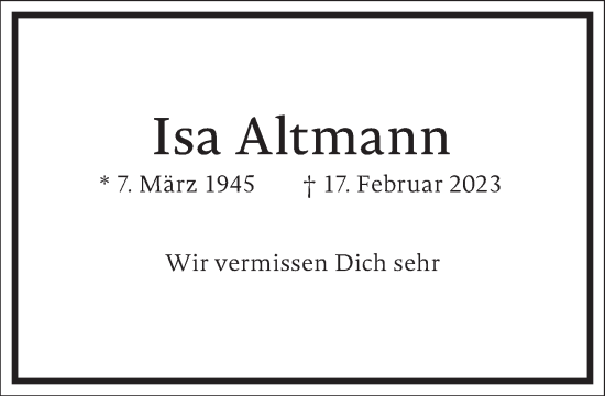 Traueranzeige von Isa Altmann von Frankfurter Allgemeine Zeitung